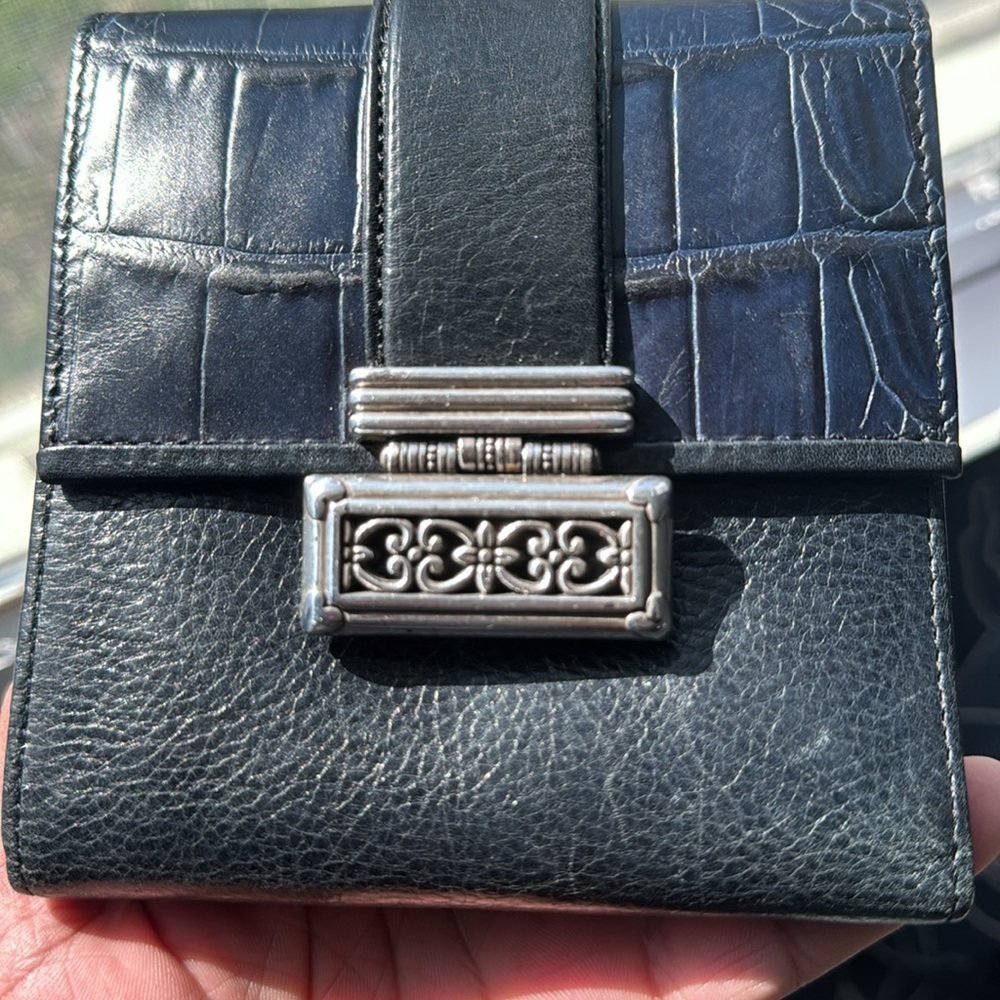 Brighton Large Square Tri Fold Wallet Black Leather Silver Hardware Bag